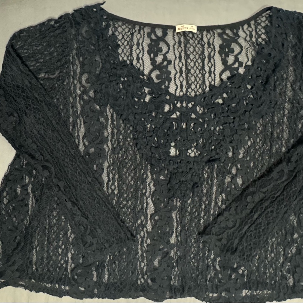 Hollister Black Lace Sheer Crop Top Long Sleeve Size M - Picture 4 of 6